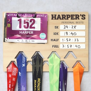 Running Medal Holder and Personal Bests Display Board | Personal Bests Chalkboard | Running Medal and Bib Display Rack | Gifts for Runners