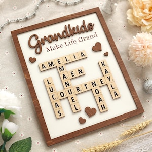 Personalized Scrabble Puzzle Sign, Grandkids Crossword Scrabble Wooden Sign, Custom Family Name, Grandparents Christmas Gift, Home decor