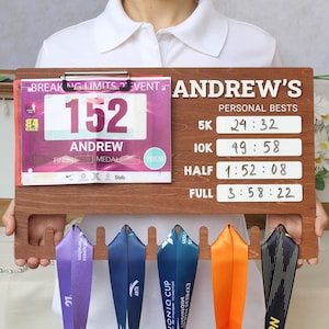Running Medal Display Board: Personal Bests Chalkboard, Bib Hanger