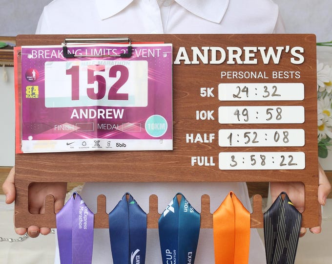 Running Medal Display Board: Personal Bests Chalkboard, Bib Hanger