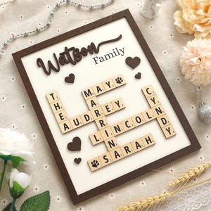 Personalized Scrabble Puzzle Sign, Custom Family Name Sign, Grandkids Crossword Scrabble Wooden Sign, Mothers Day Gift, Home Decor