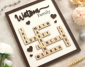 Personalized Scrabble Family Name Sign: Custom Wooden Crossword Puzzle