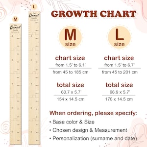 May include: A growth chart with two sizes, M and L, with measurements in inches and centimetres. The chart is made of wood and has a personalised name, "The Daniel Family".