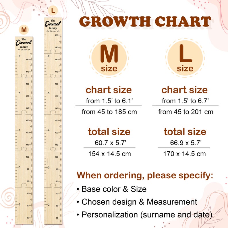 May include: A growth chart with two sizes, M and L, with measurements in inches and centimetres. The chart is made of wood and has a personalised name, "The Daniel Family".