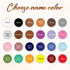 May include: A chart of 24 colour swatches, each with a name label. The colours include white, black, walnut, golden oak, kona, grey, light grey, chocolate, brown, purple, lavender, pink, light pink, dusty rose, dark navy, navy, royal blue, light blue, green bean, mint green, orange, yellow, dark red, and red.
