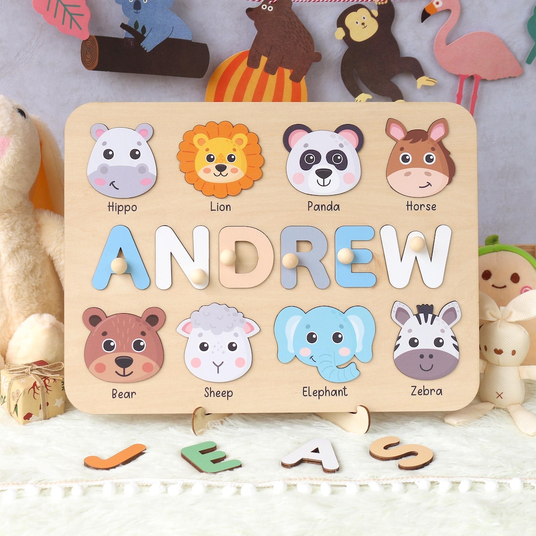 Personalized Name Puzzle With Animals | Montessori Wooden Toy - Etsy