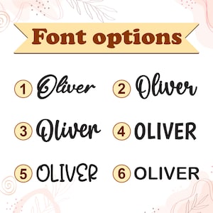May include: Six different font options for the name "Oliver" are shown in black text on a white background. The options are numbered 1 through 6 with a yellow circle around each number.