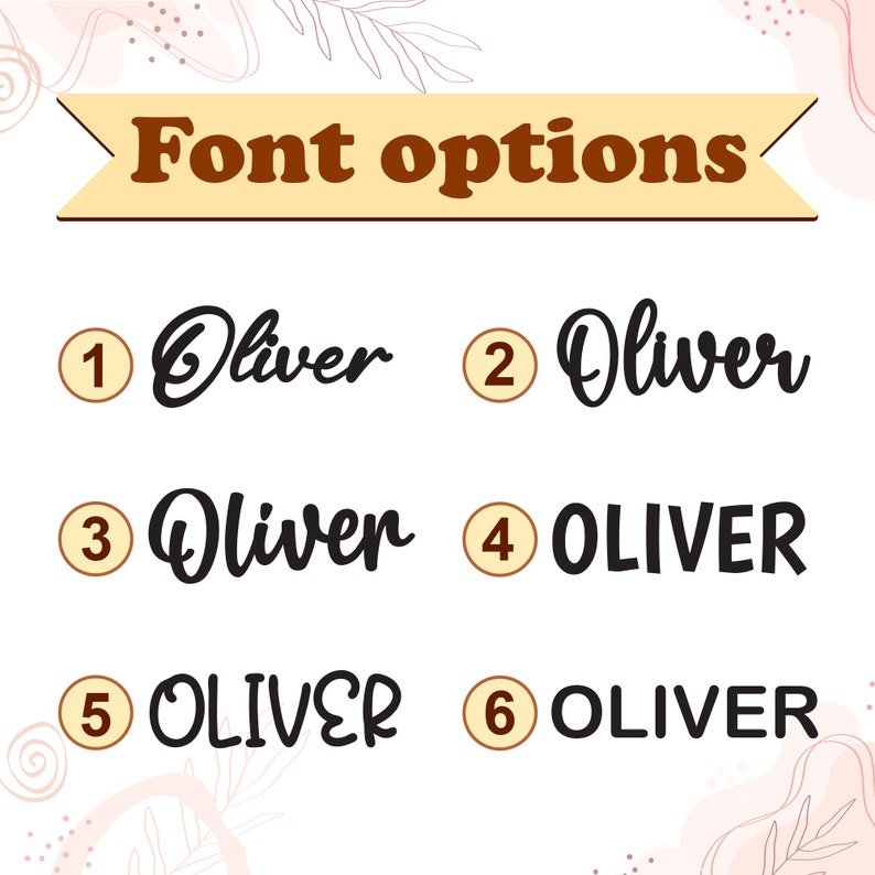May include: Six different font options for the name "Oliver" are shown in black text on a white background. The options are numbered 1 through 6 with a yellow circle around each number.