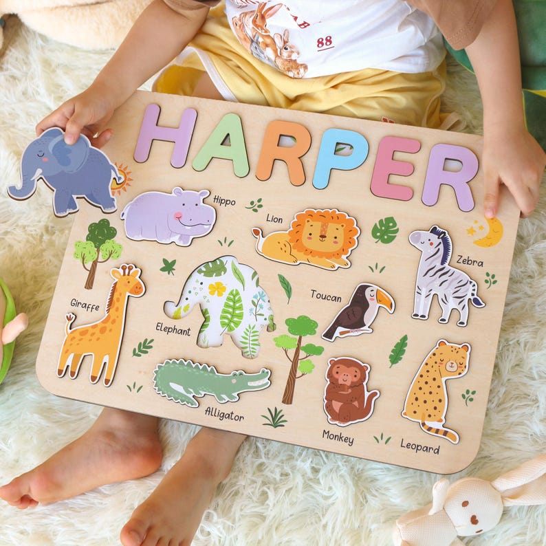 Personalized Safari Name Puzzle | Montessori Toy, Baby Gift - Etsy