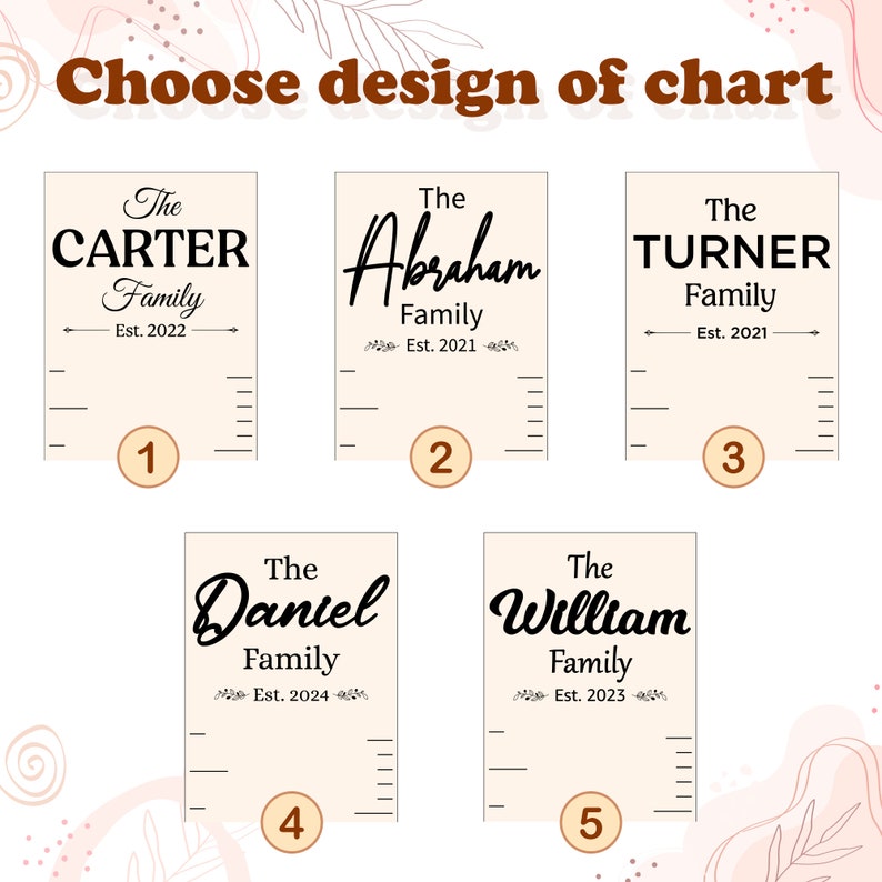 May include: Five different designs for a growth chart, each with a different family name and establishment date. The designs feature a simple, modern style with black text on a beige background.