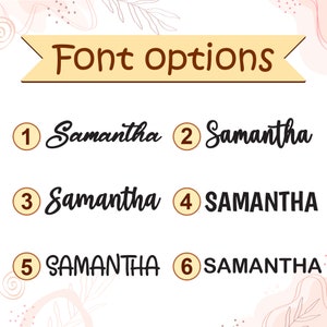 May include: Six different font options for the name Samantha are shown in a graphic. The name is written in a cursive font, a script font, a bold font, and a combination of cursive and bold fonts. The fonts are numbered 1 through 6.