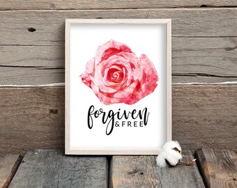 Póster imprimible con temática cristiana "Perdonado y Libre", estampado de rosas para decoración imprimible, descarga instantánea.