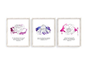 Láminas florales en acuarela con versículos bíblicos, juego de 3 (descarga digital)