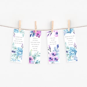 May include: Four watercolour bookmarks with floral designs and inspirational bible verses. The verses are: "Everyone who calls on the name of the Lord will be saved."  "Speak up for people who cannot speak for themselves. Help people who are in trouble."  "I will call on God and the Lord will save me."  "Depend on the Lord for strength. Always go to Him for help."