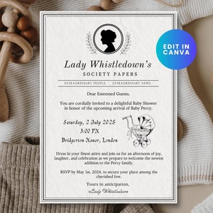 Anuncio personalizado, Documentos de sociedad, Baby shower, Revelación de género, Plantilla para Canva, Embarazo, Imprimible, Lady Whistledown's
