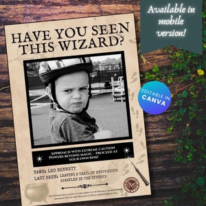 Editável Você Viu Este Mago, Aniversário HP, Pôster de Festa de Mago, Escola de Magia, Retrato de Procurado no Mundo Mágico, Aniversário Mágico