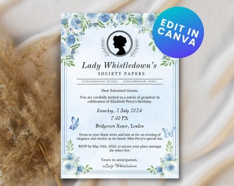 Custom invite, Society papers, Birthday Card, template for canva, Digital Birthday Card, Printable Birthday, Victorian Bridal Shower Invite