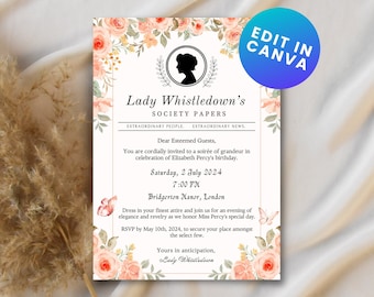 Custom invite, Society papers, Birthday Card, template for canva, Digital Birthday Card, Printable Birthday, Victorian Bridal Shower Invite