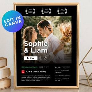 Modelo de pôster de filme personalizado para Canva, pôster personalizado, dia dos namorados, presente de casal, presente de aniversário, download digital