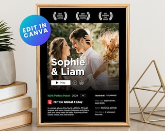 Custom Movie Poster Template for Canva, Personalized poster, Valentines Day, Couple Gift, Anniversary Gift, Digital download