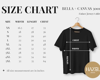 Bella Canvas 3001 Size Chart, Print On Demand Size Chart, 3001 bella mockup, size chart, Bella And Canvas Size Chart 3001, Unisex Size Chart