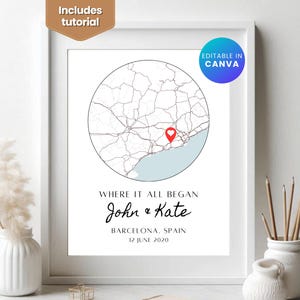 Mapa personalizado para casal, mapa de onde nos conhecemos, onde tudo começou, presente para ela, presente para ele, mapa personalizado, presente de aniversário, modelo canva
