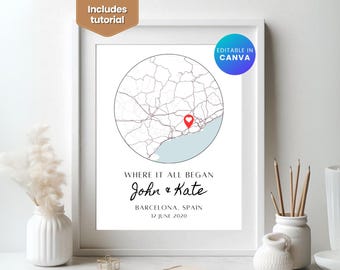 Custom couple map, where we met map, where it all began, gift for her, gift for him, personalized map, anniversary gift, canva template