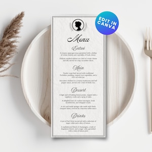 Menu de festa personalizado, documentos da sociedade, modelo para canva, cartão de aniversário digital, aniversário para impressão, chá de bebê vitoriano