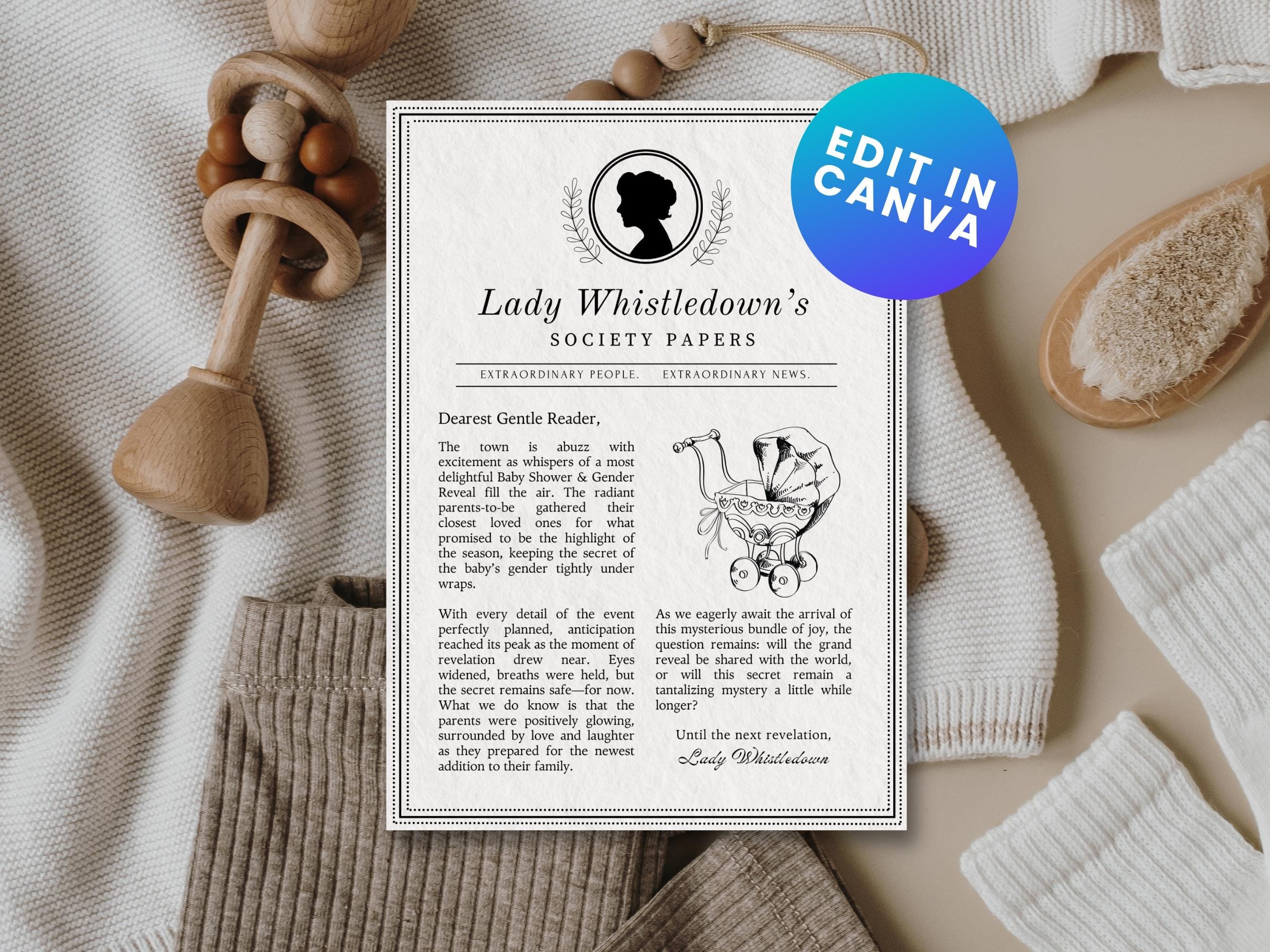 Custom announcement, Society papers, Baby shower, Gender reveal, template for canva, Pregnancy, Printable, Lady Whistledown's