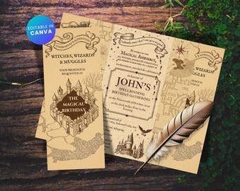 Personalized Wizard School Map Invitation, Magic Birthday Party Printable, Foldable Castle Map Invite, Enchanted Magic School Theme