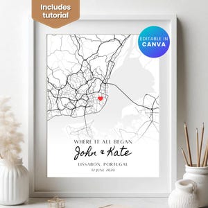 Carte personnalisée du couple, où nous nous sommes rencontrés, où tout a commencé, cadeau pour elle, cadeau pour lui, carte personnalisée, cadeau d'anniversaire, modèle sur toile