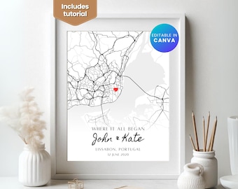 Custom couple map, where we met map, where it all began, gift for her, gift for him, personalized map, anniversary gift, canva template