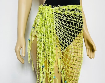 Saída de Praia, Vestido de Praia, Saída de Praia de Bambu Verde Limão, Vestido de Madrinha, Pareô com Miçangas, Saia de Renda Boho