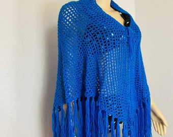 Vestido Boho Transparente, Saída de Praia em Rede, Poncho com Franjas Triangulares, Feito à Mão, PRONTO PARA ENVIO