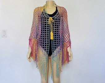 Vestido de praia multicolorido, estilo boho, saída de praia com franjas, saia longa estilo pareô para maiô, pareô de renda