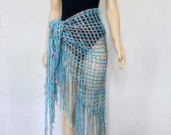 Saída de Praia Transparente Feita à Mão | Canga de Praia Multicolorida | Vestido de Banho Boho | Saída de Praia em Rede | Franjas | Primavera