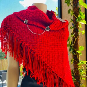Handwoven Bright Red Fringe Shawl/Wrap Triangular Warm Scarf *Pin Included * Ready to ship