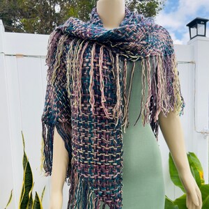 Triangle Multi Color Handwoven Shawl. Lightweight Blanket Scarf. Unisex Soft Poncho. Elegant Fringe Wrap. Ready to Ship