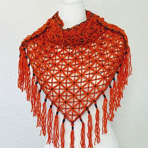 Handmade Cotton and Acrylic Scarf / Orange lace Shawl/ Triangle Navy Blue Fringe Cowl Wrap / Ready to ship/ Mother's Day Gift