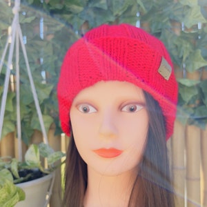 Unisex Bubble Hat, RED, Hand Knit Beanie, Watch Cap with Brim, Mother&#39;s Day Gift, Ready to ship