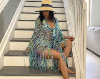 Vestido de praia, saída de praia, saia maxi colorida feita à mão, pareô transparente