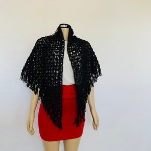 Evening Black Handwoven Lace Shawl, Statement Triangular Scarf, Soft Floral Fringe Wrap, Vintage Handmade Shoulder Cover, Gift for Her