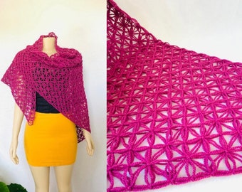 Elegant Bridal Shawl, Oversize Magenta Handmade Scarf, Triangle Festival Shoulder Wrap