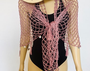 Minissaia artesanal, saída de praia com estampa de conchas, pareô rosa coral, canga de bambu para praia, canga com cadarço para férias, ideal para noivas, madrinhas e despedidas de solteira.