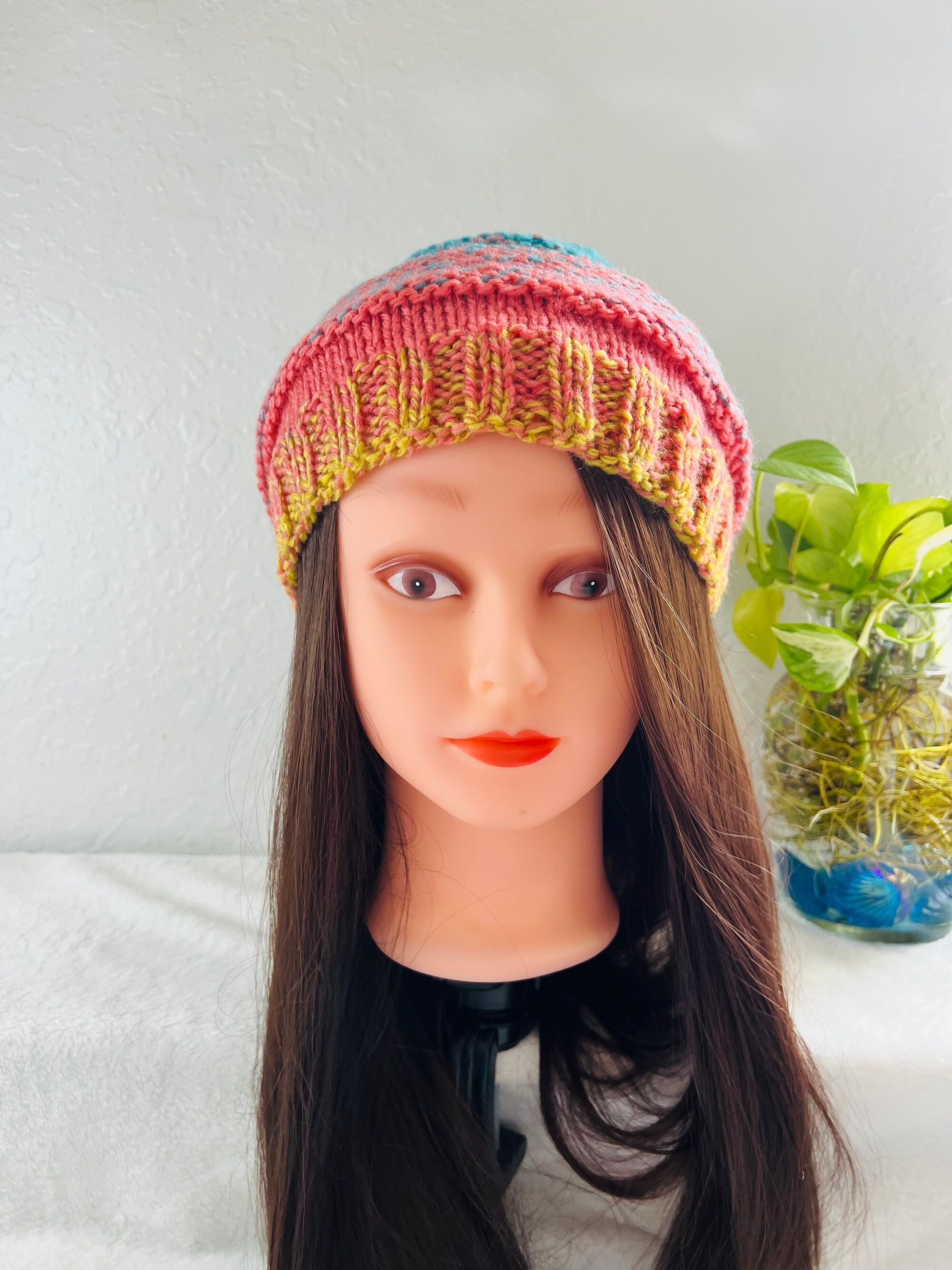 Colorful Rainbow Hand Knit Beanie, Slouchy Unisex Tam Hat, One Size Bobble Hat, Unique Gift