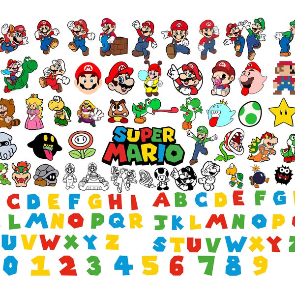 SUPER MARIO Bundle SVG, Super Mario Font Svg, Super Mario Svg Files for Cricut, Super Mario Clipart