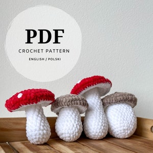 crochet pattern for toadstool mushroom set, small and large crochet food from plush yarn