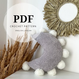 crochet pattern for pillow moon with pompoms, boho instructions baby bedroom accessories, plush yarn, quick and easy instructions