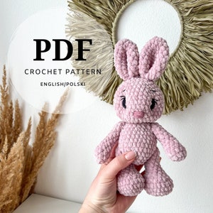 PDF crochet pattern for a little bunny made of fluffy yarn, easy to make, lots of photos in the instructions