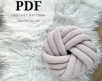 crochet pattern for a round tied pillow, pdf instruction with video and photos, very easy to make universal decoration, knot cushion